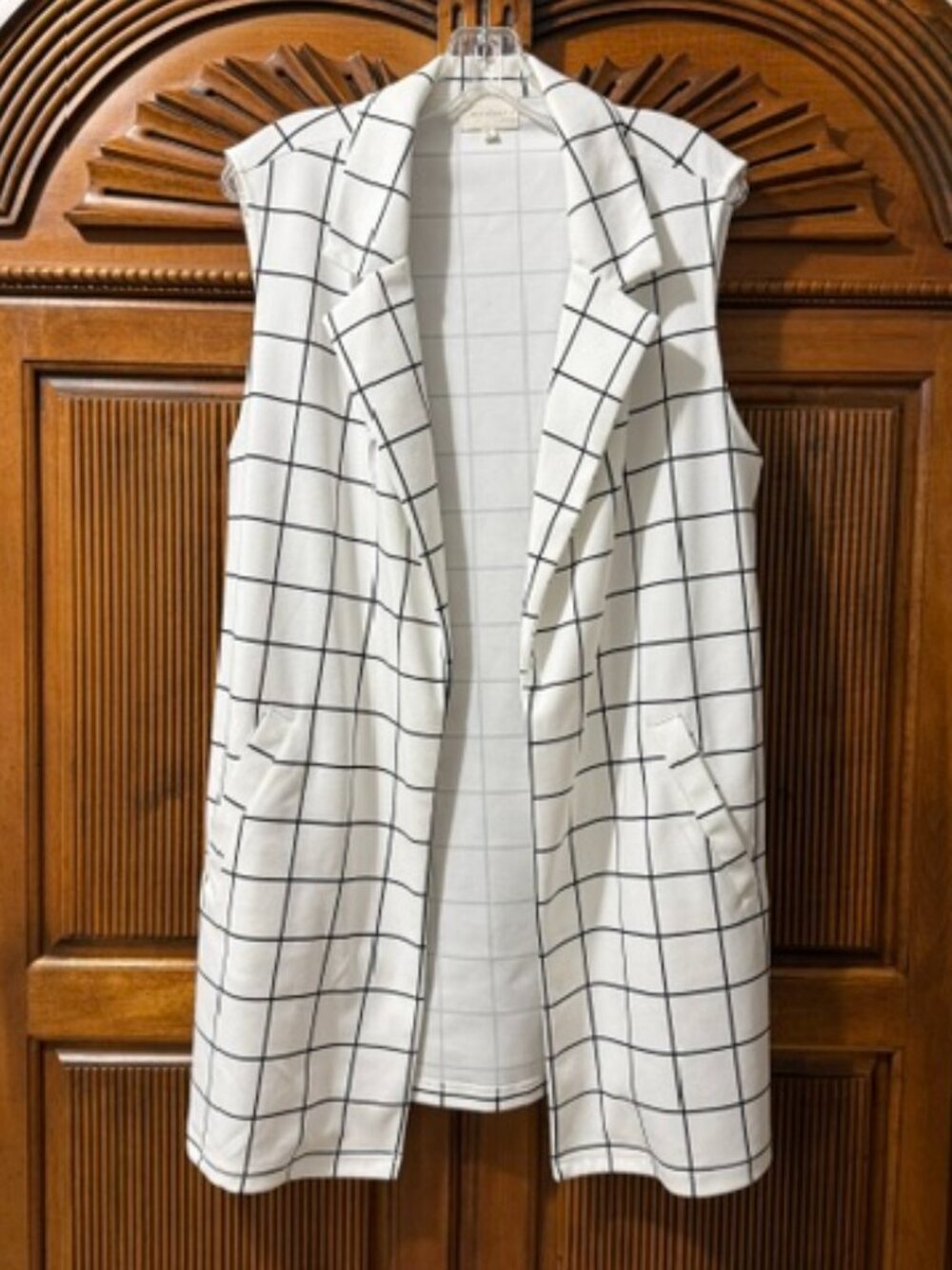 Melloday Windowpane Notch Collar Longline Vest Sleeveless Black & White Size XL